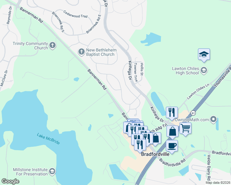 map of restaurants, bars, coffee shops, grocery stores, and more near 3443 Treaty Oak Trail in Tallahassee