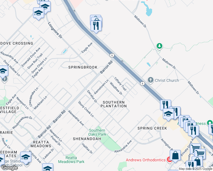 map of restaurants, bars, coffee shops, grocery stores, and more near 3986 Windfree Drive in College Station