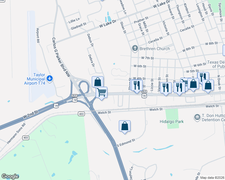 map of restaurants, bars, coffee shops, grocery stores, and more near 1908 West 2nd Street in Taylor