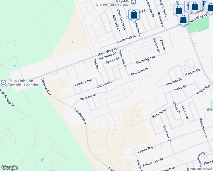 map of restaurants, bars, coffee shops, grocery stores, and more near 2116 Cottontail Drive in Leander