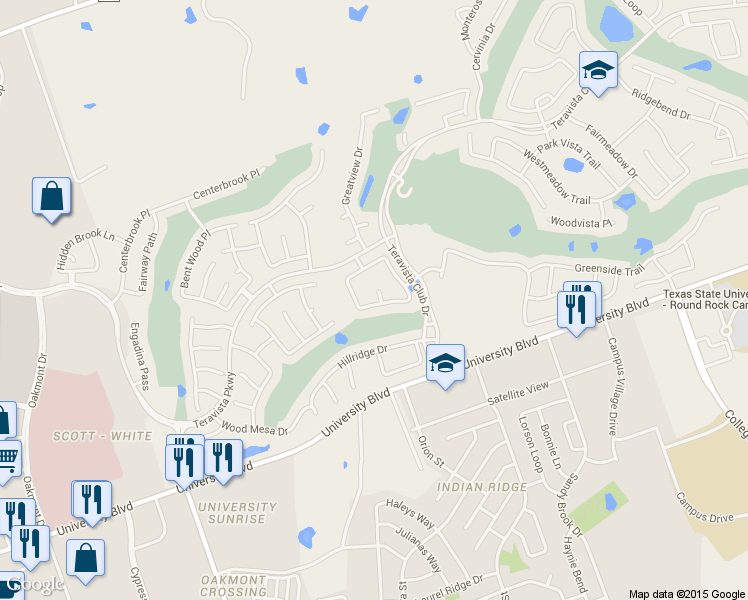 map of restaurants, bars, coffee shops, grocery stores, and more near 1302 Old Meadow Court in Round Rock