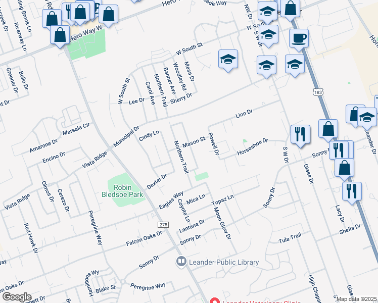 map of restaurants, bars, coffee shops, grocery stores, and more near 509 Bentwood Drive in Leander