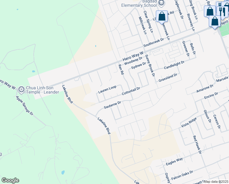 map of restaurants, bars, coffee shops, grocery stores, and more near 206 Thomas Cove in Leander
