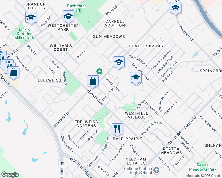 map of restaurants, bars, coffee shops, grocery stores, and more near 3719 Springfield Drive in College Station