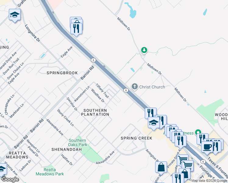 map of restaurants, bars, coffee shops, grocery stores, and more near 4017 Windswept Drive in College Station