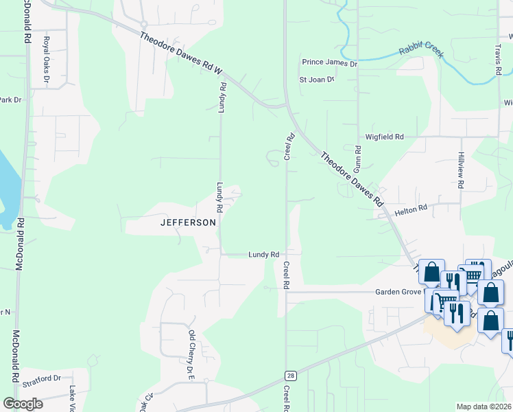 map of restaurants, bars, coffee shops, grocery stores, and more near 5873 Lundy Road in Theodore
