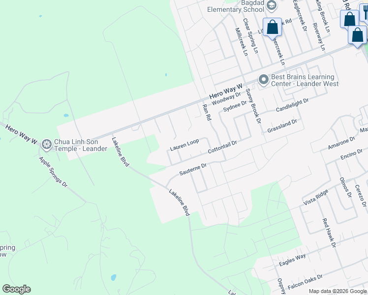 map of restaurants, bars, coffee shops, grocery stores, and more near 2312 Lauren Loop in Leander