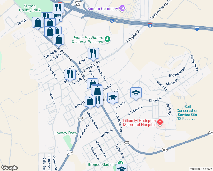 map of restaurants, bars, coffee shops, grocery stores, and more near 510 South Water Avenue in Sonora