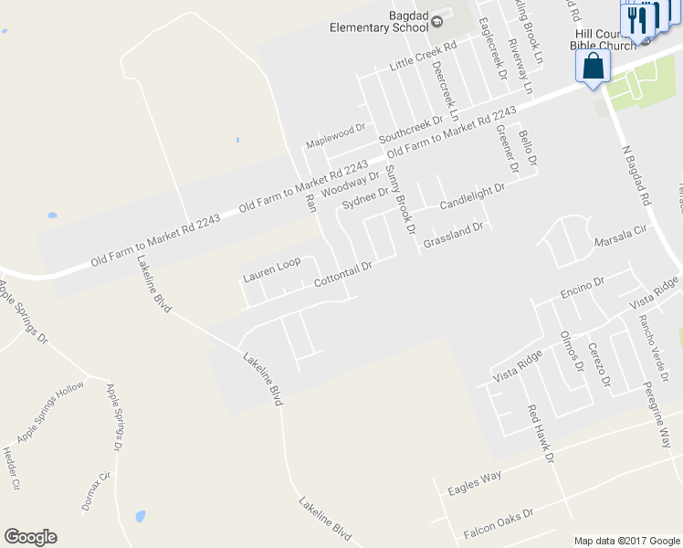 map of restaurants, bars, coffee shops, grocery stores, and more near 2199 Cottontail Drive in Leander