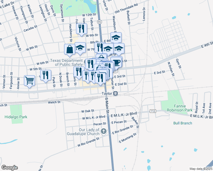 map of restaurants, bars, coffee shops, grocery stores, and more near 111 West 2nd Street in Taylor