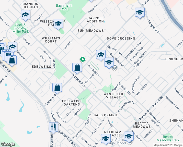 map of restaurants, bars, coffee shops, grocery stores, and more near 3719 Springfield Drive in College Station