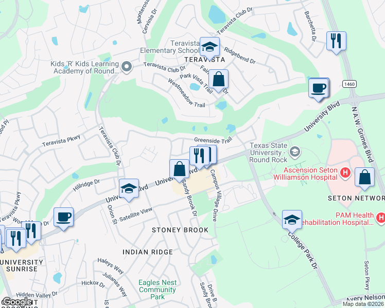 map of restaurants, bars, coffee shops, grocery stores, and more near 1716 Hidden Springs Path in Round Rock