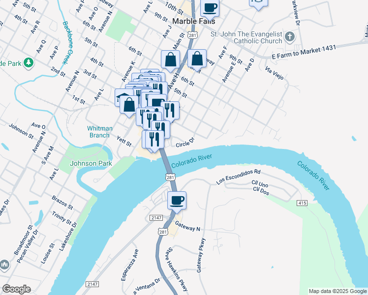 map of restaurants, bars, coffee shops, grocery stores, and more near 2514 Circle Drive in Marble Falls