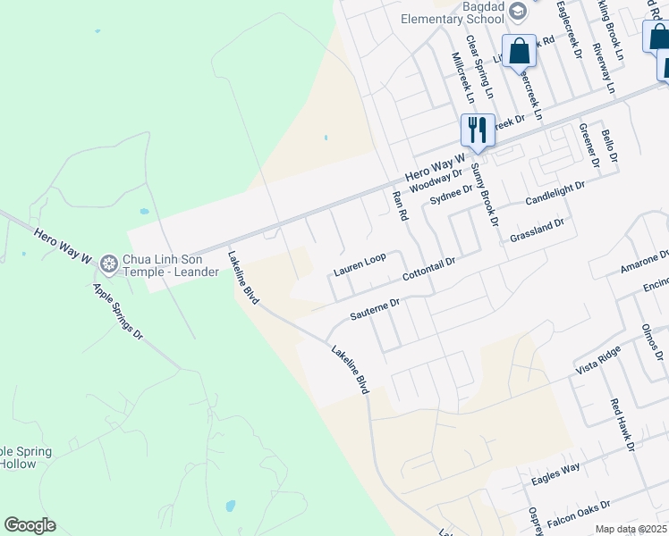 map of restaurants, bars, coffee shops, grocery stores, and more near 2405 Lauren Loop in Leander
