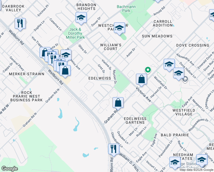 map of restaurants, bars, coffee shops, grocery stores, and more near 3707 Chantal Circle in College Station