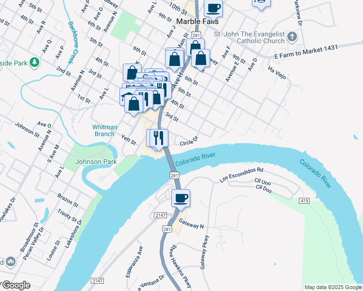 map of restaurants, bars, coffee shops, grocery stores, and more near 2514 Circle Drive in Marble Falls