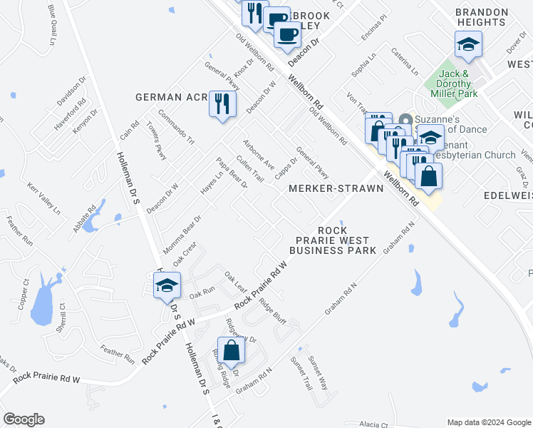 map of restaurants, bars, coffee shops, grocery stores, and more near 3435 Summerway Drive in College Station