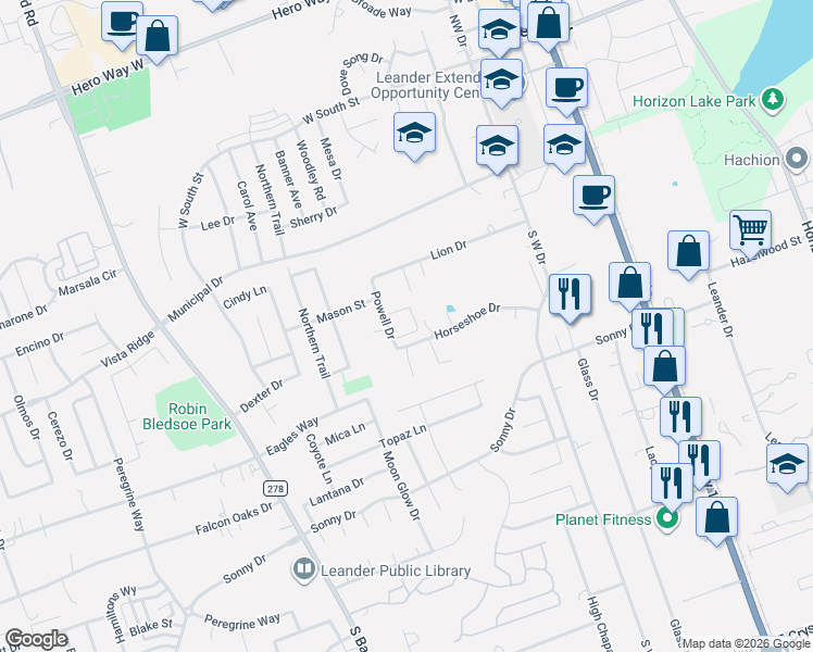 map of restaurants, bars, coffee shops, grocery stores, and more near 705 Horseshoe Drive in Leander