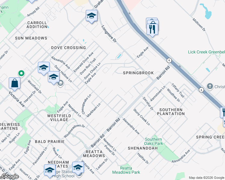 map of restaurants, bars, coffee shops, grocery stores, and more near 1399 Markham Court in College Station