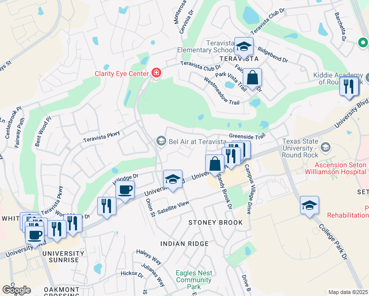 map of restaurants, bars, coffee shops, grocery stores, and more near 4099 Teravista Club Drive in Round Rock