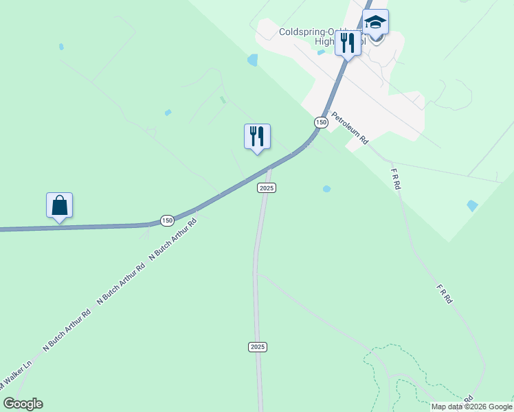 map of restaurants, bars, coffee shops, grocery stores, and more near 110 Farm to Market 2025 in Coldspring