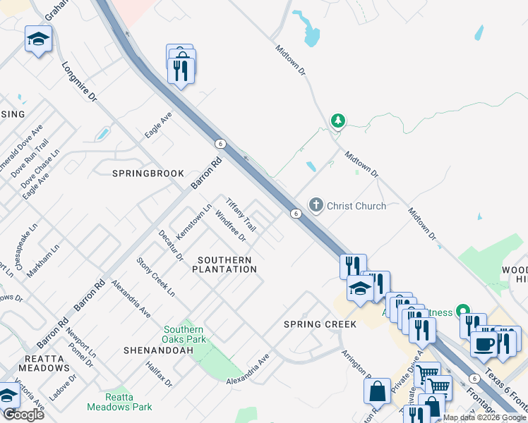 map of restaurants, bars, coffee shops, grocery stores, and more near 4017 Windswept Drive in College Station