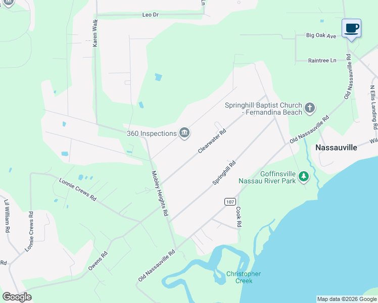 map of restaurants, bars, coffee shops, grocery stores, and more near 95205 Clearwater Road in Fernandina Beach