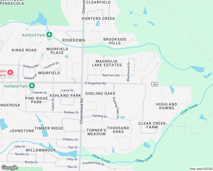 map of restaurants, bars, coffee shops, grocery stores, and more near 11595 Dueling Oaks Court in Pensacola