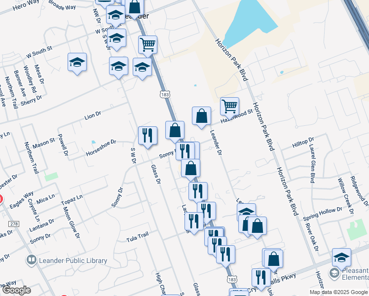 map of restaurants, bars, coffee shops, grocery stores, and more near in Leander