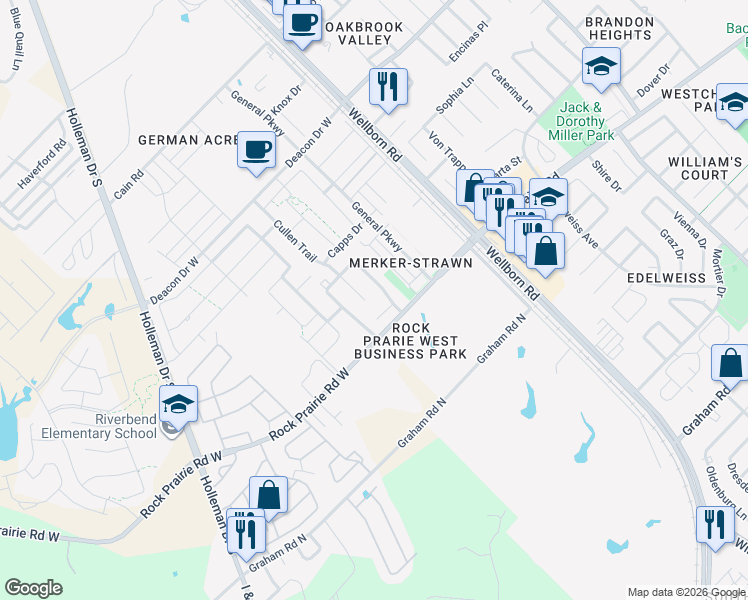 map of restaurants, bars, coffee shops, grocery stores, and more near 3204 Toni Court in College Station