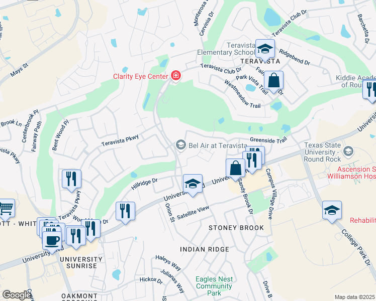 map of restaurants, bars, coffee shops, grocery stores, and more near 4105 Teravista Club Drive in Round Rock