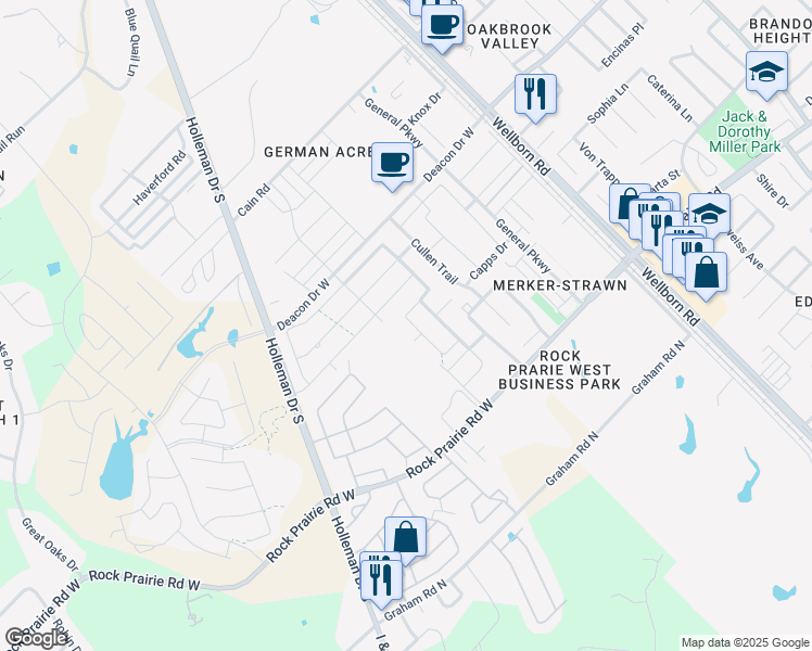 map of restaurants, bars, coffee shops, grocery stores, and more near 3412 Papa Bear Drive in College Station