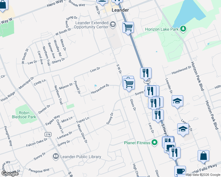 map of restaurants, bars, coffee shops, grocery stores, and more near 408 South West Drive in Leander