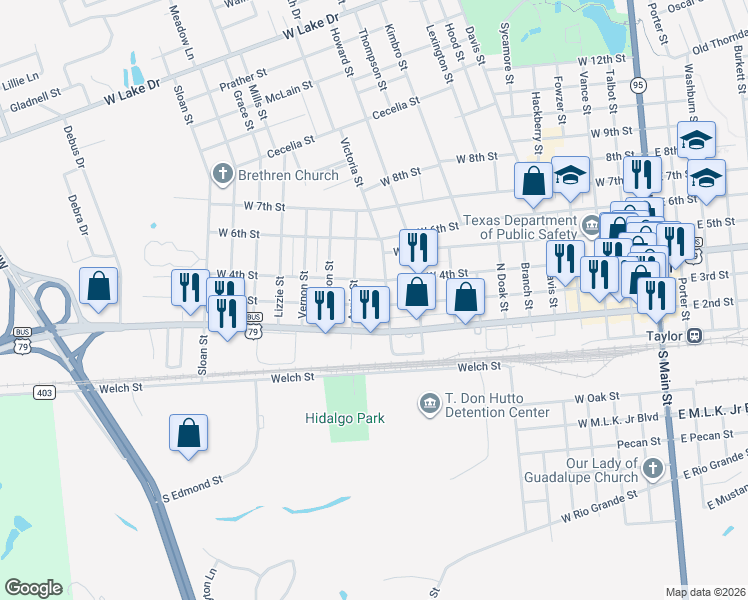 map of restaurants, bars, coffee shops, grocery stores, and more near 1117 West 3rd Street in Taylor
