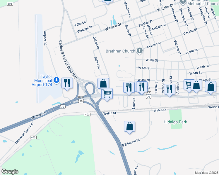 map of restaurants, bars, coffee shops, grocery stores, and more near 2010 West 2nd Street in Taylor