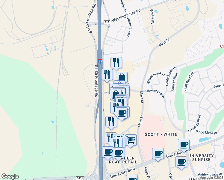 map of restaurants, bars, coffee shops, grocery stores, and more near 4401 Interstate 35 in Round Rock