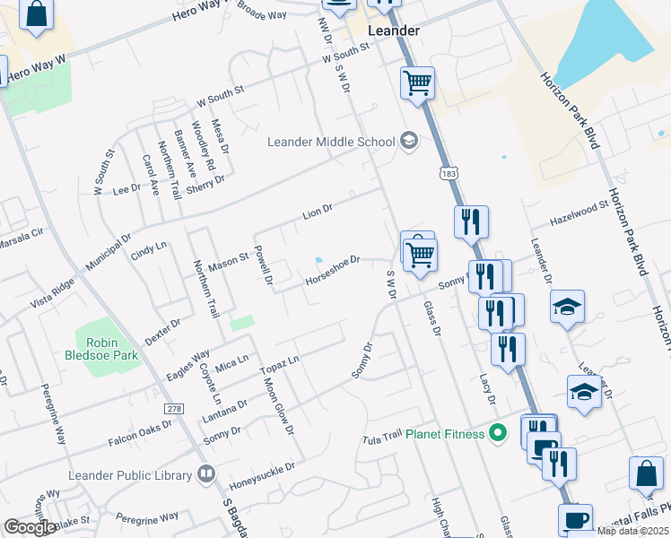 map of restaurants, bars, coffee shops, grocery stores, and more near 424 Horseshoe Drive in Leander