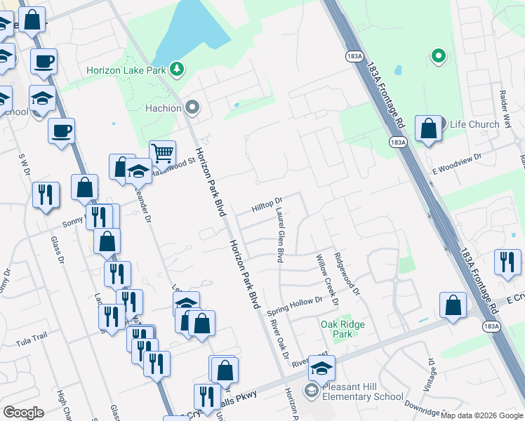 map of restaurants, bars, coffee shops, grocery stores, and more near 703 Spring Brook Lane in Leander