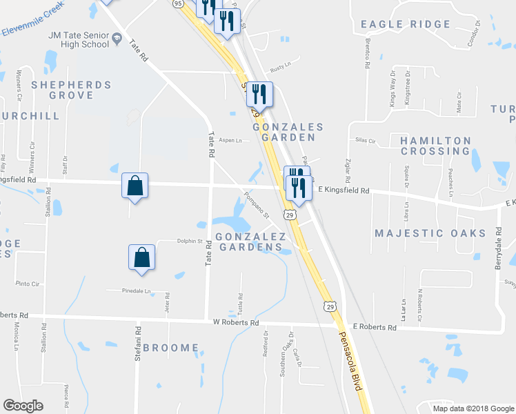 map of restaurants, bars, coffee shops, grocery stores, and more near 2231 Pompano Street in Gonzalez