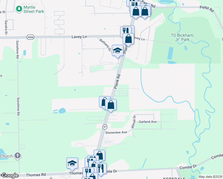 map of restaurants, bars, coffee shops, grocery stores, and more near 13443 Plank Road in Baker