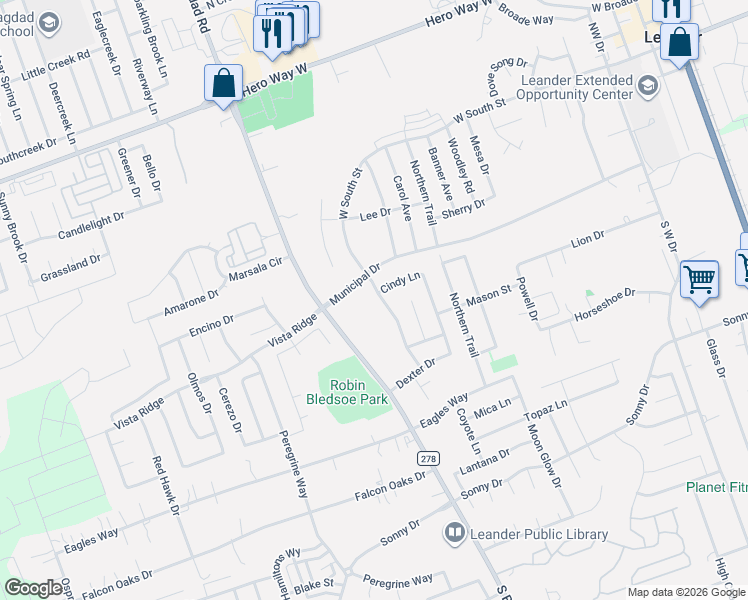 map of restaurants, bars, coffee shops, grocery stores, and more near 1045 West South Street in Leander