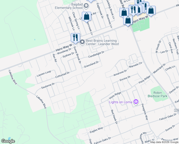 map of restaurants, bars, coffee shops, grocery stores, and more near 201 Sunny Brook Drive in Leander