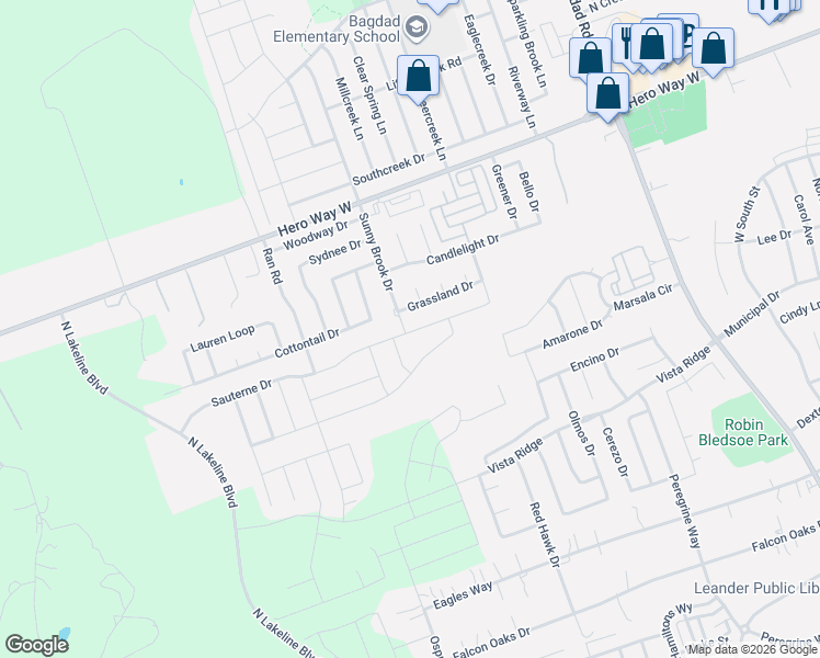 map of restaurants, bars, coffee shops, grocery stores, and more near 1817 Sauterne Drive in Leander