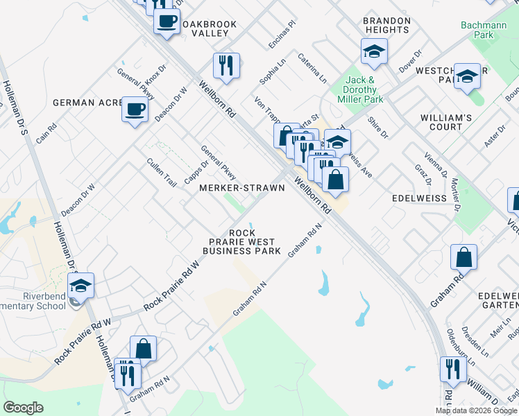 map of restaurants, bars, coffee shops, grocery stores, and more near 3205 Corporal Road in College Station