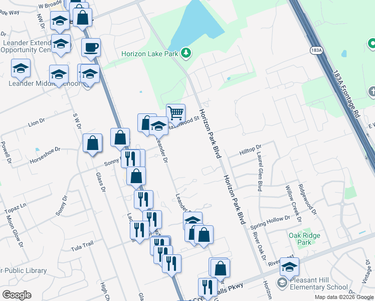 map of restaurants, bars, coffee shops, grocery stores, and more near 804 Leander Drive in Leander