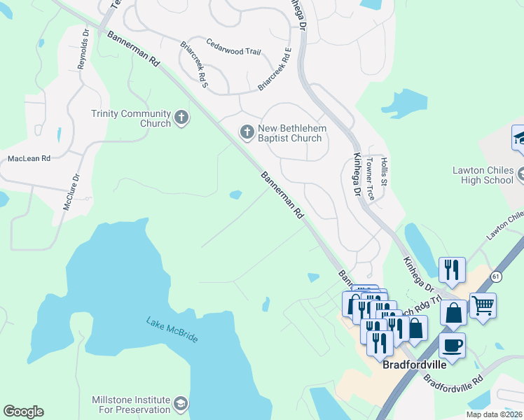 map of restaurants, bars, coffee shops, grocery stores, and more near 7050 Duck Cove Road in Tallahassee