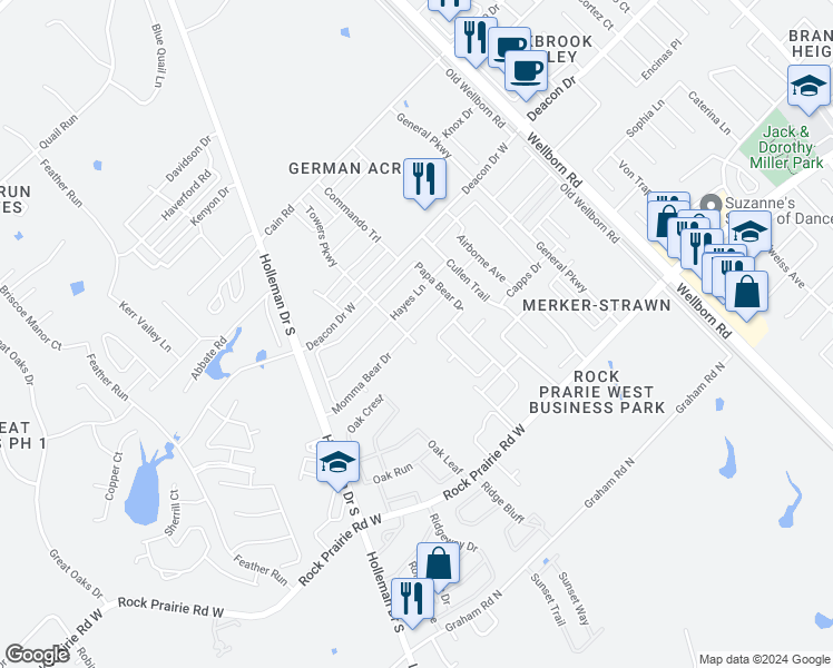 map of restaurants, bars, coffee shops, grocery stores, and more near 439 Momma Bear Drive in College Station