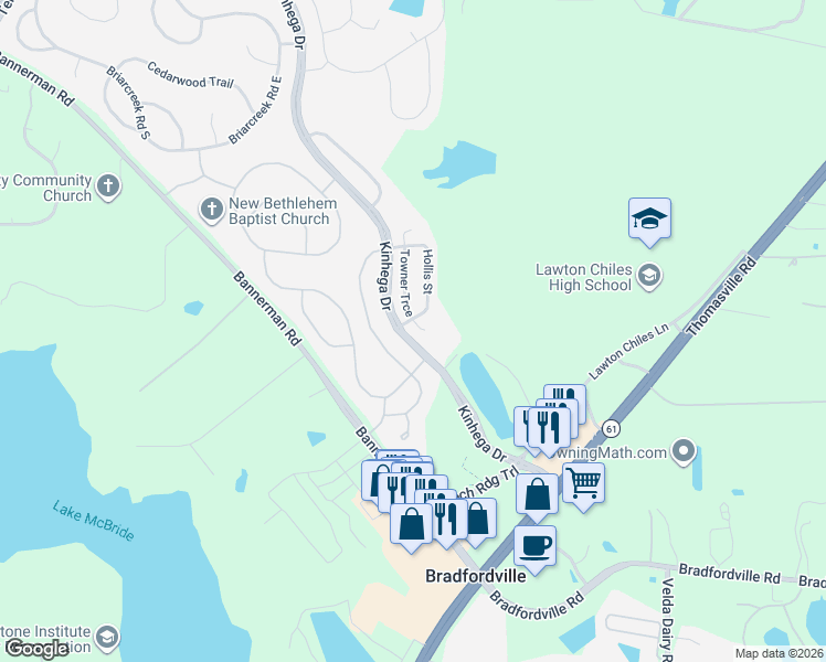 map of restaurants, bars, coffee shops, grocery stores, and more near 7104 Towner Trce in Tallahassee