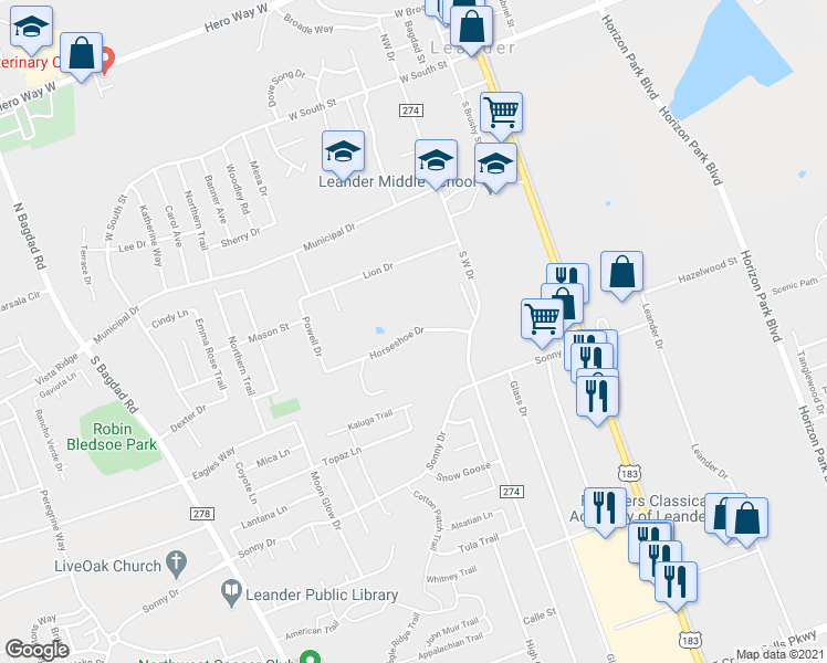 map of restaurants, bars, coffee shops, grocery stores, and more near 602 Horseshoe Dr in Leander