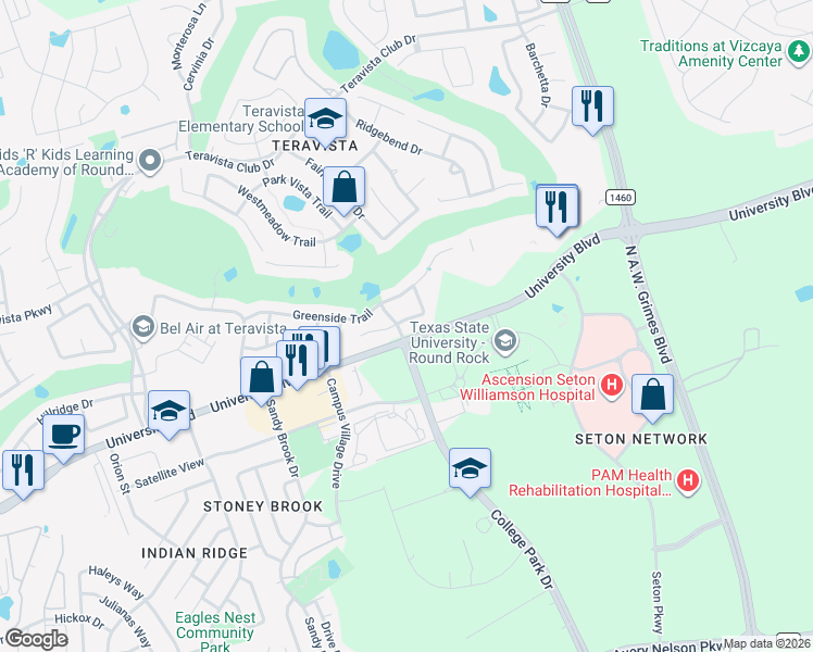 map of restaurants, bars, coffee shops, grocery stores, and more near 1929 Autumn Run Lane in Round Rock